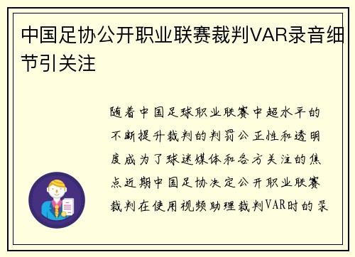 中国足协公开职业联赛裁判VAR录音细节引关注 中国足协公开职业联赛裁判VAR录音细节引关注
