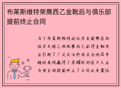 布莱斯维特荣膺西乙金靴后与俱乐部提前终止合同